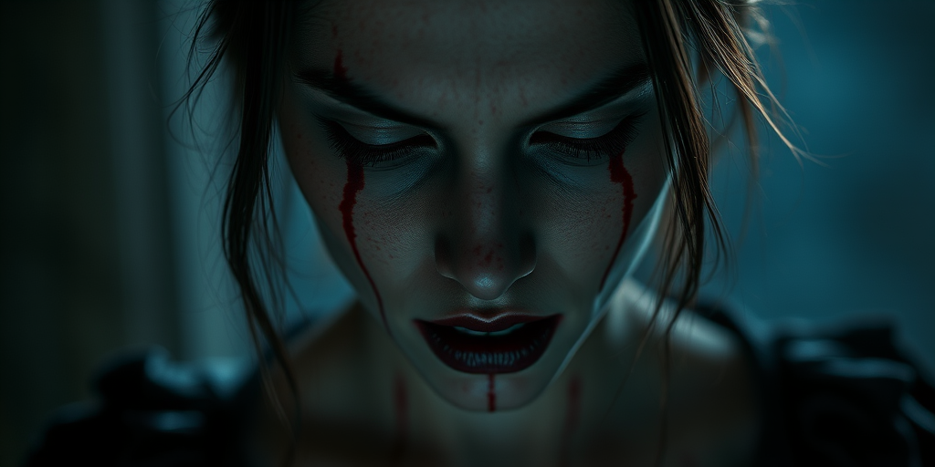 Create a high-resolution image of a sinister female character with bloodied features and haunting eyes, using a Canon EOS R5 camera with a 50mm f/1.2 lens, in dramatic lighting with a shallow depth of field, and a soft focus background for added intensity.