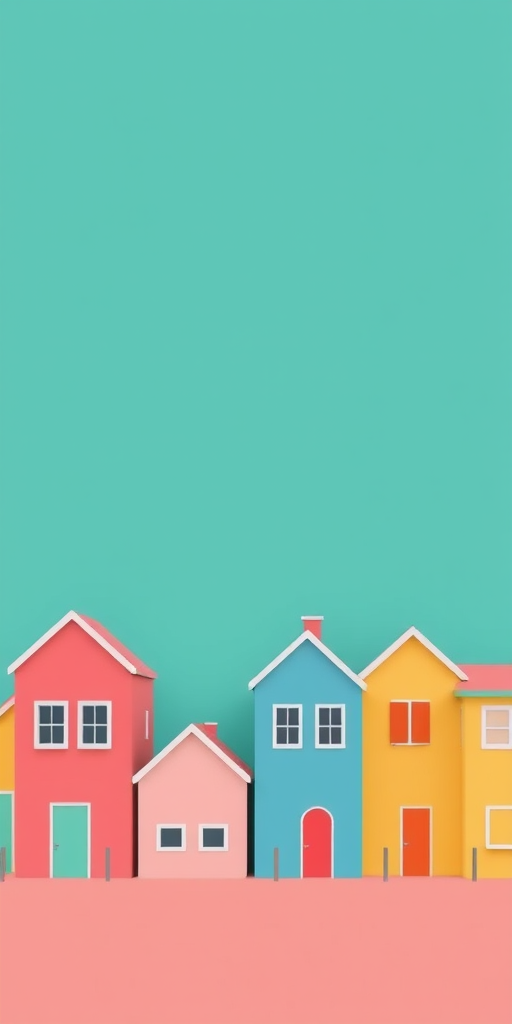 Create a vibrant digital illustration of colorful houses against a solid teal background, emphasizing geometric shapes and a stylized sun with a pastel color palette, captured with a Canon EOS R5, 24-70mm lens, f/11, ISO 100, soft focus view for enhanced detail and clarity.