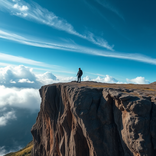 Create a high-resolution image of a lone figure standing on a rocky cliff with clouds and a blue sky in the background, shot with a Canon EOS R5, 24mm lens, f/8 aperture, 1/200 sec shutter speed, and ISO 100, in landscape orientation with a dramatic, surreal style.