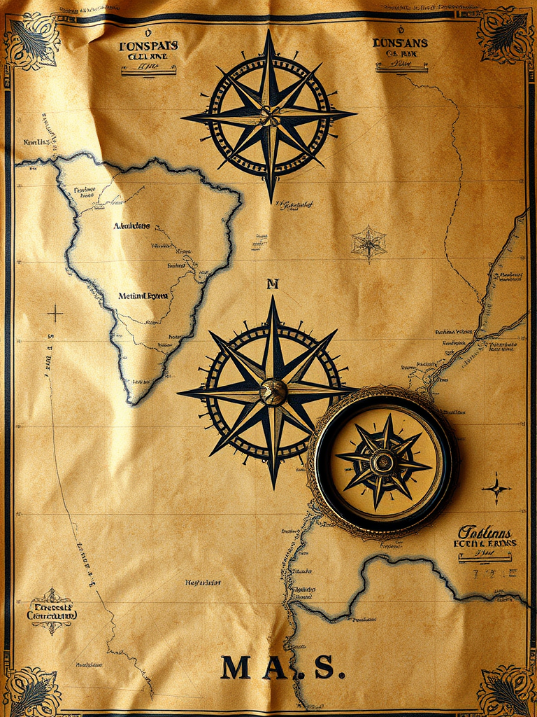 Create a vintage map on aged parchment with compass designs and intricate details, captured with a Canon EOS 5D Mark IV, 50mm lens at f/2.8, ISO 100, natural light, top-down view to enhance texture and warmth.