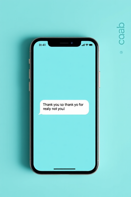 Create a digital illustration of a smartphone displaying a text conversation with a thank you message and a reply, using a minimalistic design and bright teal background, shot with a Canon EOS R5 at 50mm, f/1.8 aperture, ISO 100, in natural light, with a focus on sharpness and clarity.