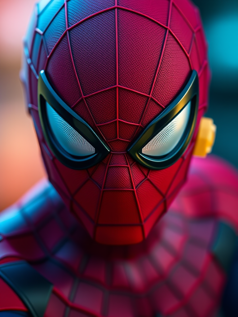 A vibrant close-up of a Spider-Man character in a stylized pose, with a blurred colorful background; use a Canon EOS R5 camera, f/2.8 aperture, 50mm lens, ISO 100, with soft lighting and shallow depth of field for enhanced detail and clarity.