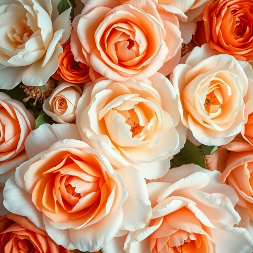 high-resolution floral pattern with peonies and roses in shades of white, peach, and deep orange, soft diffused lighting, aperture f/4, ISO 100, 50mm lens, top-down view, macro photography, DSLR camera