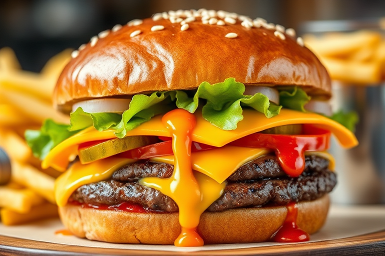 High-resolution, close-up image of a gourmet double cheeseburger. The burger features a glossy, sesame-seed-topped brioche bun. Inside, there are two thick, juicy beef patties, each topped with melted cheddar cheese. The burger is garnished with fresh lettuce, tomato slices, diced onions, and pickles. A generous amount of ketchup and a creamy, orange-colored sauce is dripping down the sides, adding to the mouth-watering appeal. In the background, there are blurred elements including a side of golden French fries and a hint of a beverage, enhancing the overall presentation of a delicious meal.