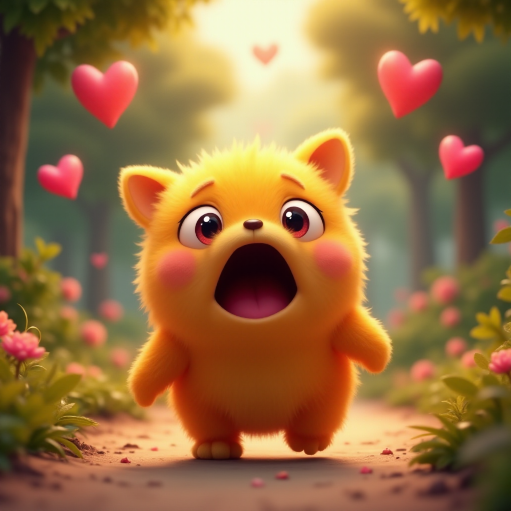 A fluffy orange creature with large eyes and a wide open mouth stands on a path in a whimsical forest, bright pink and red hearts float through the air, the creature has a surprised expression, the light is warm and soft, photorealistic, digital art, 3D style