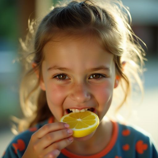 A candid photograph of a young girl biting into a slice of lemon. Her face is scrunched up from the sour taste, capturing a moment of surprise and playfulness. She has light brown hair, tied back in a ponytail, and wears a casual, colorful top. The background is softly blurred, keeping focus on her expression and the lemon slice. Natural lighting illuminates her face, highlighting her reaction with a soft, warm tone. The image has a bright and cheerful atmosphere, with a high contrast. The photo was captured with a 50mm lens and shot on Kodak Portra 160 film.
