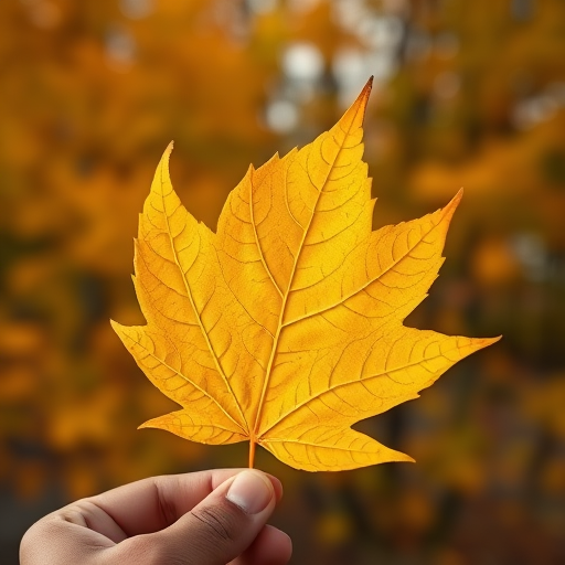 Capture a close-up of a vibrant yellow maple leaf held against a blurred background of autumn foliage, using a DSLR camera with a 50mm lens, aperture set at f/2.8 for shallow depth of field, ISO 200 for optimal clarity, shot in natural light to enhance the color saturation.