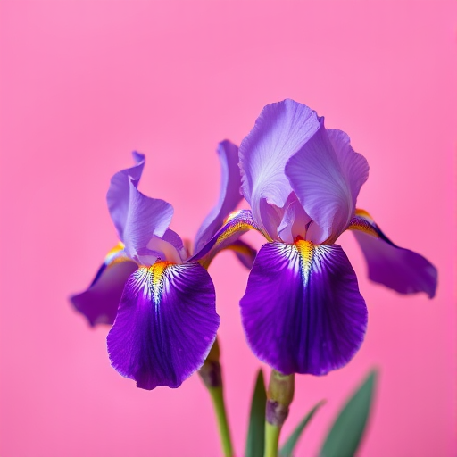 Generate an image of two purple iris flowers against a vibrant pink textured background, shot with a DSLR camera at f/2.8, ISO 100, 50mm lens, soft focus style, using natural light.