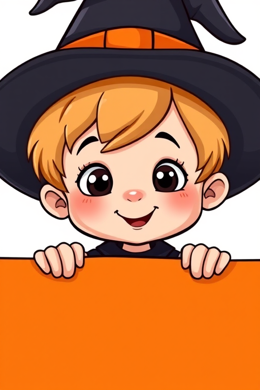 Create a cartoon image of a cute child wearing a witch hat peeking over a blank orange banner, enhanced with a DSLR camera, aperture f/2.8, shutter speed 1/60s, ISO 100, taken from a slightly elevated angle for a playful perspective.
