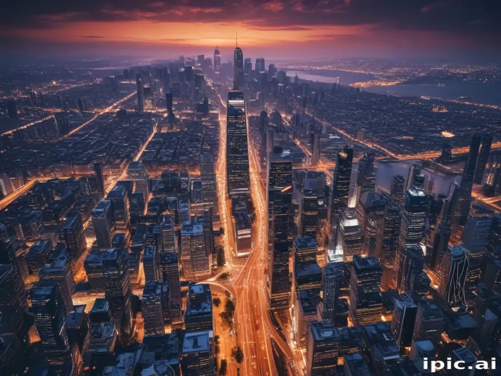 Stunning Aerial View of a Vibrant City Skyline at Twilight