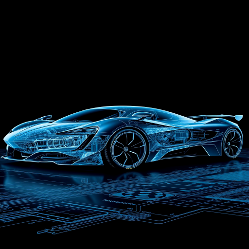 Create a high-quality blueprint image of a futuristic sports car viewed from the side, with a dark background and intricate technical details, using a DSLR camera with a 50mm lens, aperture f/2.8, shutter speed 1/125s, ISO 100, and in a high-resolution style.