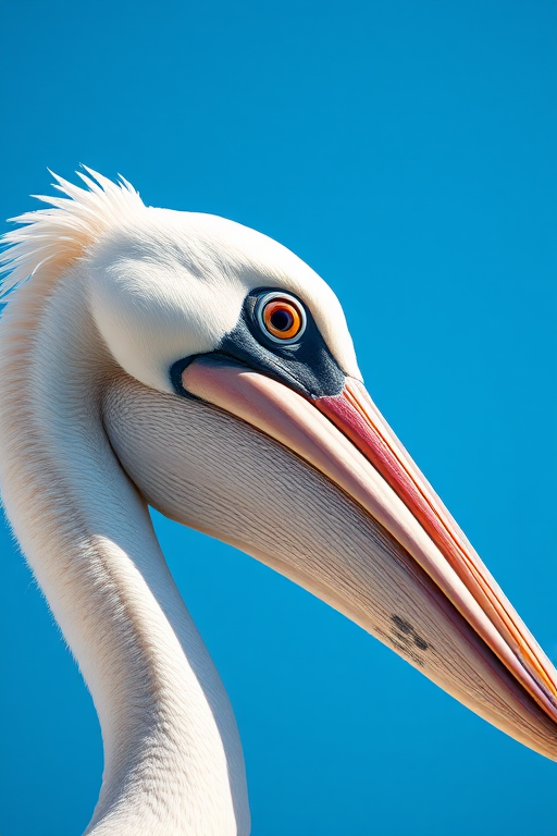 close-up of a pelican in profile with vibrant blue sky background, f/2.8 aperture, ISO 100, 1/500 sec shutter speed, portrait orientation, shot with a DSLR camera using a 70-200mm lens