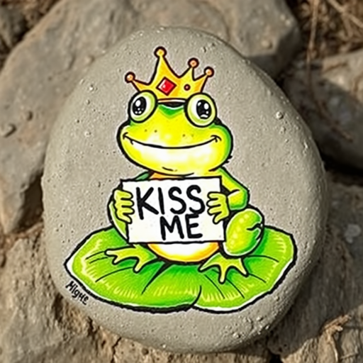 frog---drawn on a rock, an acrylic painted cartoon image of a bullfrog on a lily pad wearing a crown and holding a sign that says, "KISS ME".