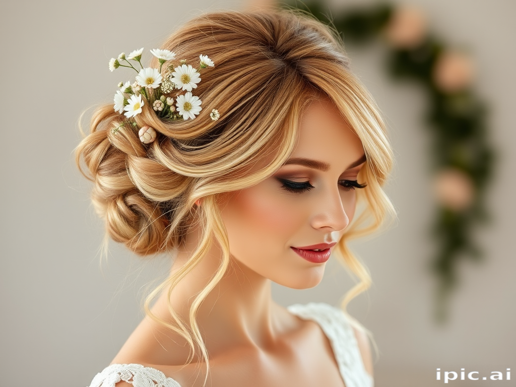Radiant honey blonde beauty with a romantic, loose updo adorned with delicate flowers, perfect for a bohemian wedding look