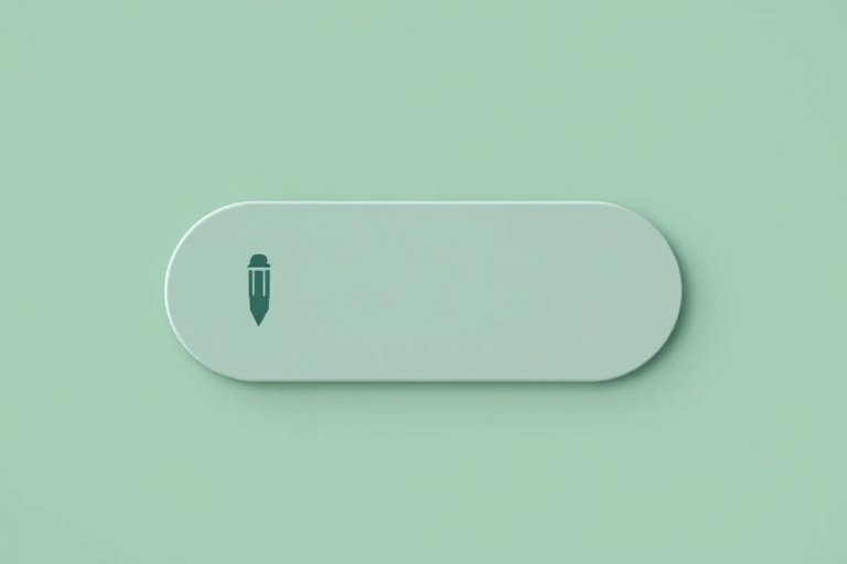 Create an image of a minimalist user interface button with a soft oval shape, featuring a stylized pen icon in the upper left corner, set against a muted green background, using a DSLR camera with a 50mm lens, aperture set to f/1.8, ISO 200, shot in natural light.