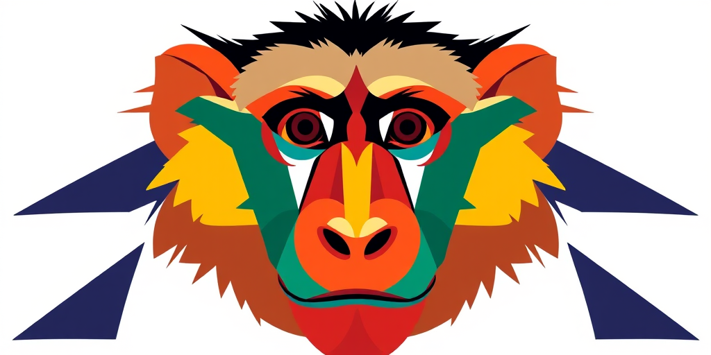Create a stylized illustration of a baboon face with bold colors and geometric shapes, using a high-resolution digital format, shot from a frontal view with a clean white background, using a Canon EOS R5 camera with a 50mm lens at f/8, ISO 100, and a shutter speed of 1/200s.