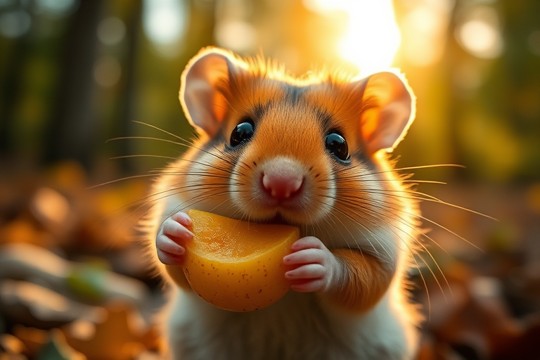 A cute hamster holding a piece of fruit, with big shining eyes, in a forest setting, soft bokeh background, golden sunlight filtering through the trees, captured with a DSLR camera, 50mm lens, f/1.8 aperture, ISO 200, natural lighting, close-up view.