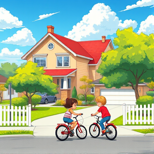 create a colorful illustration of a suburban scene featuring two children riding bicycles past a large house with a red roof and a garage, the setting is bright and sunny with a clear blue sky and fluffy clouds, use a vibrant color palette, camera view should be a wide-angle perspective, camera type should be digital illustration, camera settings should enhance saturation and clarity for a sharp, vivid look, include lush green trees and a white picket fence along the street