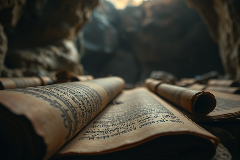 captured with a Canon EOS R5 at f/2.8, ISO 400, shutter speed 1/60 sec, wide-angle lens, low-angle view, soft natural lighting, focus on textured scrolls and ancient manuscripts in a dimly lit cave setting