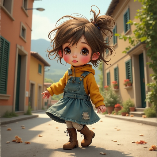 Whimsical little 3-year-old girl wearing scruffy tomboy clothes, boots, messy hair heavily blushed cheeks, pink lips, closely dancing in the street of an Italian village,Textured painterly fantasy artistic mixed media