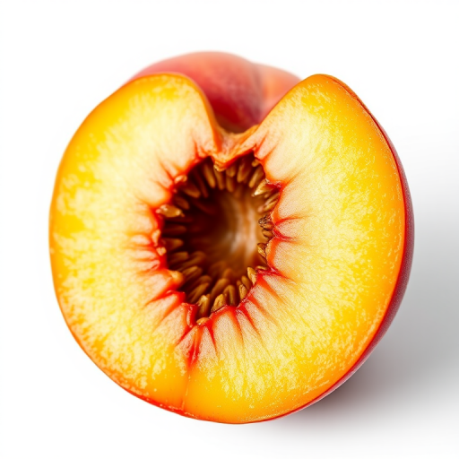 Create a high-resolution digital illustration of a sliced peach showing the pit in detail, using a macro lens with a shallow depth of field at f/2.8, 50mm focal length, soft natural lighting, and a white background for enhanced contrast.