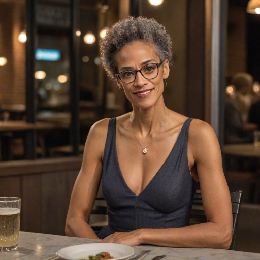 photo of woman:Carla Hall:0.4, highlight hair, sitting outside restaurant, wearing dress, rim lighting, studio lighting, looking at the camera, dslr, ultra quality, sharp focus, tack sharp, dof, film grain, Fujifilm XT3, crystal clear, 8K UHD, highly detailed glossy eyes, high detailed skin, skin pores