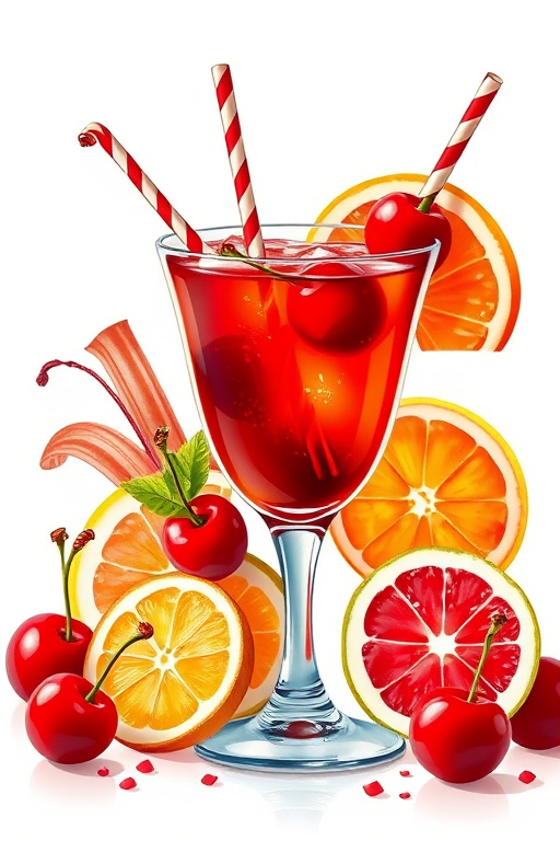 Generate an artistic illustration of various cocktail garnishes including cherries, straws, and citrus slices in vibrant red and contrasting colors, using a DSLR camera, 50mm lens, f/2.8 aperture, 1/200 sec shutter speed, soft focus background, bright lighting for clarity.