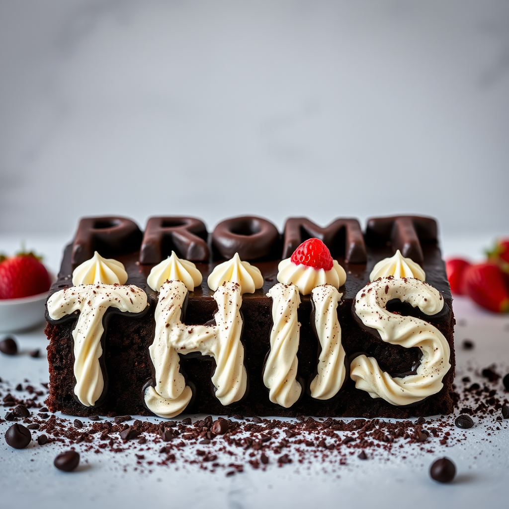 black forest gateau cake spelling out the words "PROMPT THIS", tasty, food photography, dynamic shot