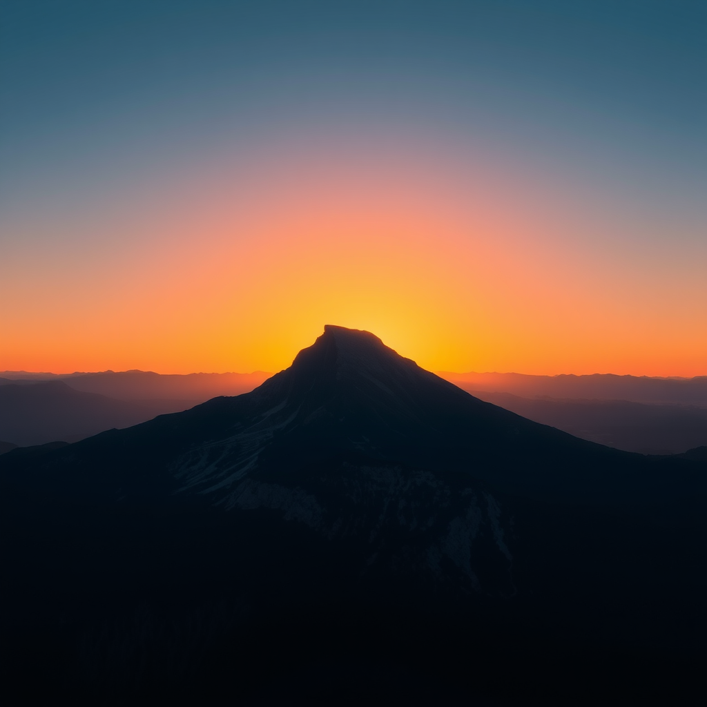 Generate a high-resolution image featuring a stylized depiction of a lone mountain with a sunset backdrop, shot with a Canon EOS R5, 24mm lens, f/8 aperture, ISO 100, at golden hour using a landscape photography style.