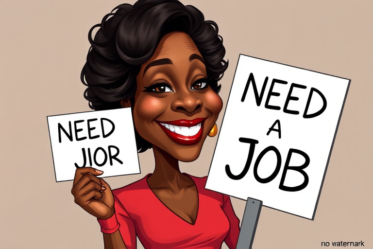 caricature of a smiling Viola Davis in a Carmine dress or suit, holding up a sign that says "NEED A JOB", no watermark,
