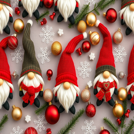 Create a seamless pattern of whimsical Christmas gnomes wearing colorful hats and scarves, surrounded by ornaments and snowflakes, captured with a Canon EOS R5, 50mm f/1.8 lens, aperture set at f/2.8 for enhanced detail, in a flat lay style, sRGB color profile for vibrant hues.