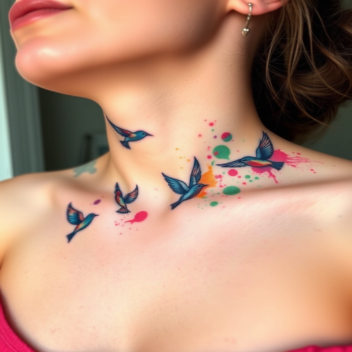 Whimsical watercolor body tattoo depicting a flock of birds in flight across the collarbone and chest, with splashes of vibrant color and loose, flowing lines