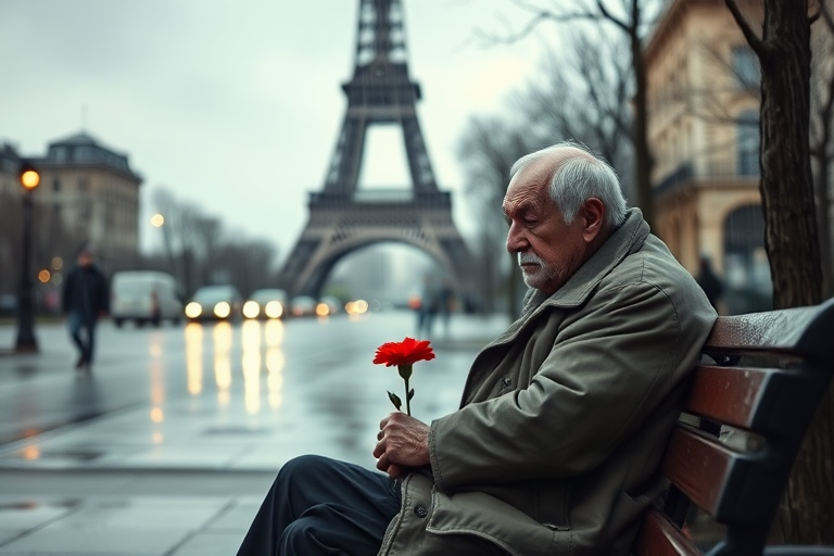 capture a somber elderly man sitting on a bench in a rainy Parisian street, holding a bright red flower, with the Eiffel Tower in the background, soft focus, moody lighting, f/1.8 aperture, 50mm lens, ISO 200, tripod mounted, long exposure to enhance the rain effect