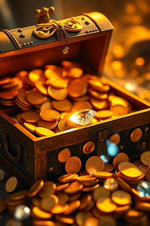 A treasure chest overflowing with gold coins, sparkling jewels, and a shiny diamond, illuminated by soft golden light, captured with a DSLR camera, 50mm lens, f/1.8 aperture, ISO 100, and a shallow depth of field for a rich, detailed background.