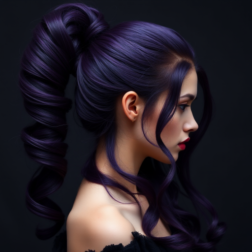 Mysterious deep purple-haired enchantress with a sleek, high ponytail featuring wrapped sections and cascading curls