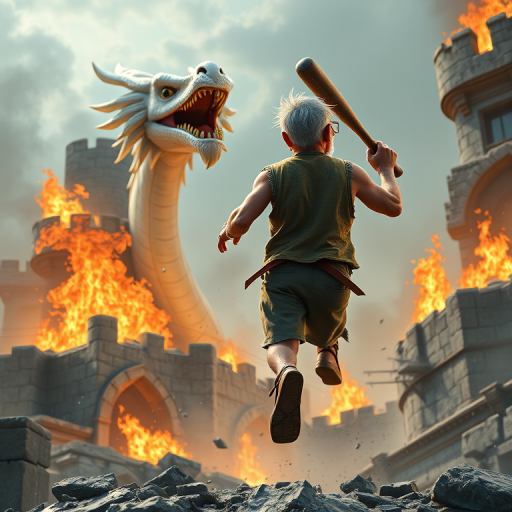 Cartoon 3D High-Resolution,dynamic battle scene using Unreal Engine 5 and Octane Render. The scene features back of an elderly, thai man with a beard,messy hair and round golden-rimmed glasses. He is wearing a tattered tank top with soot marks, shorts, and sandals. sweating. he wields a baseball bat. He jump to fight with a white fire-breathing Europe dragon amidst a partially destroyed stone castle. Include intense flames, smoke, and debris to enhance the dramatic effect.