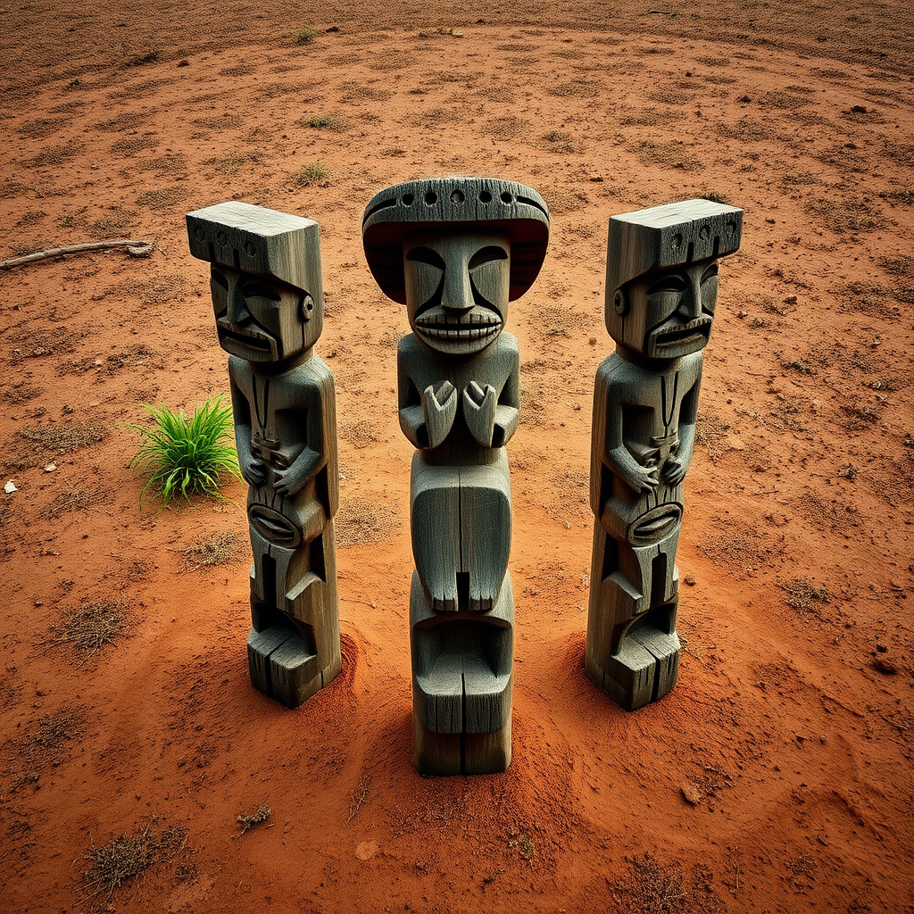 Regenerate the image of five ancient, carved wooden totems arranged in a circular formation on a dirt patch, captured with a DSLR camera at f/8, ISO 100, 35mm focal length, using a wide-angle lens to enhance depth of field and clarity.