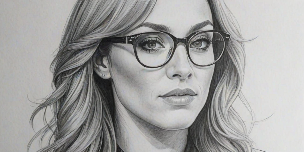 Gorgeous Becky Lynch, pencil sketch, portrait of Charming woman 1974s in glasses, hair style beatnik, outline, clear lines, fine lines, 8k
