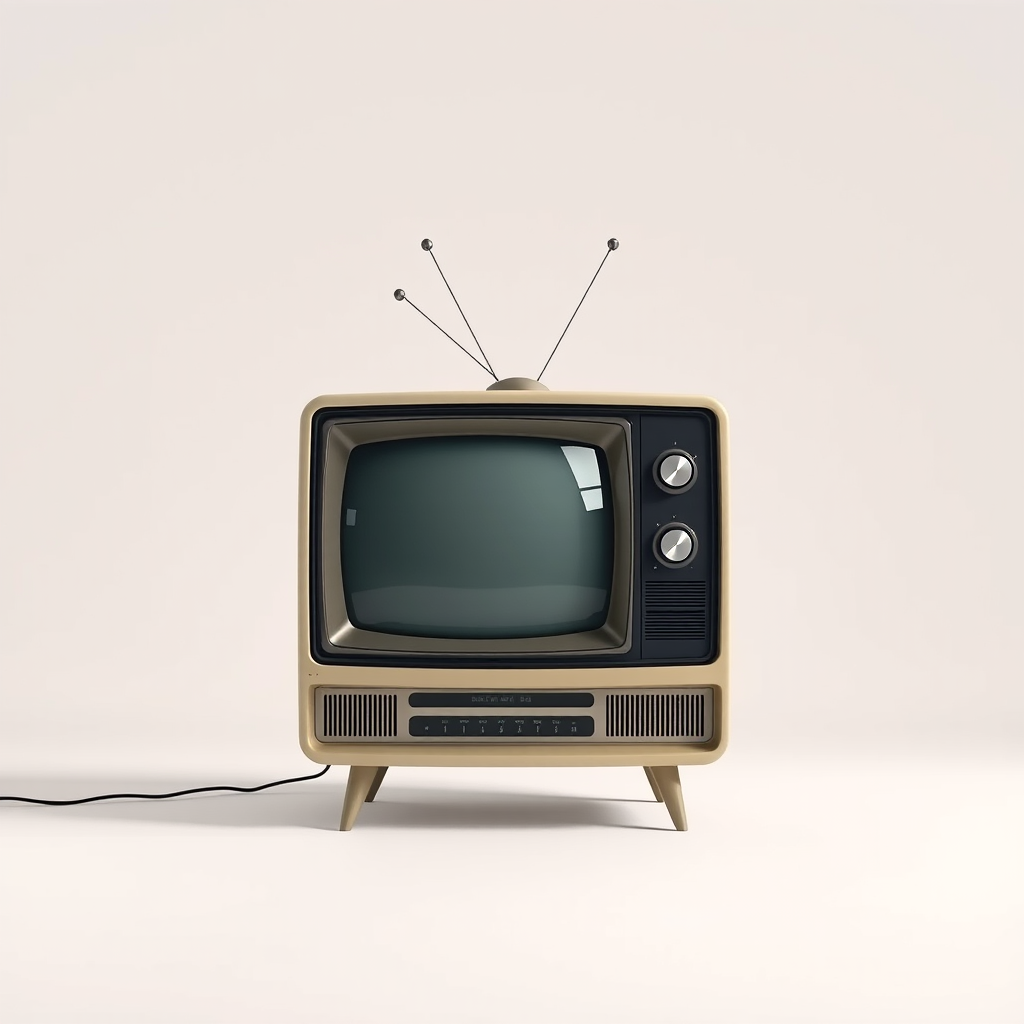 Create a high-resolution image of a vintage television set with a clean, minimalist background using a DSLR camera, aperture set to f/4, ISO 100, shutter speed 1/125s, shot from a slightly elevated angle with a 50mm lens for sharp detail and vibrant colors.
