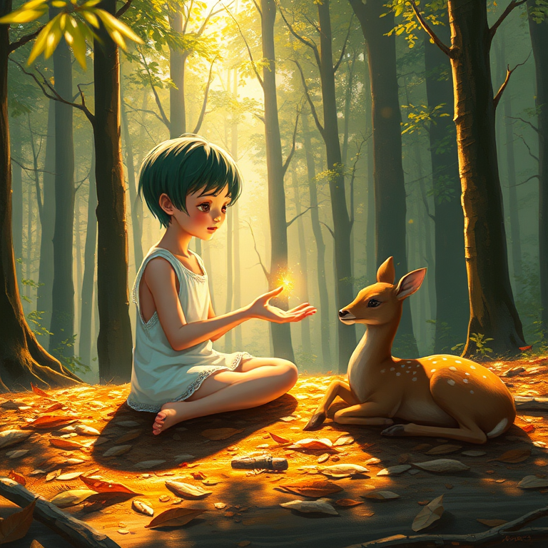 A luminous digital painting of a serene forest scene featuring a barefoot young female, about 7 years old, with green hair and fair skin, dressed in a simple white outfit. He sits cross-legged on the forest floor, gazing at a small, glowing, magical firefly in his hand. Beside him, a delicate spotted deer lies calmly on a bed of dried leaves, observing the scene. The dense forest is bathed in warm, golden light filtering through the trees, creating a peaceful, magical atmosphere with a blend of natural and mystical elements.