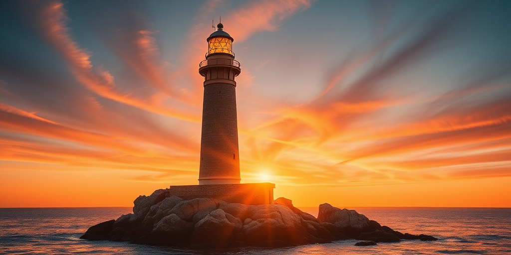 Generate an image of a tall lighthouse perched on a rocky outcrop surrounded by calm ocean waters during a breathtaking sunset. The lighthouse stands sturdy and weathered, its stone surface illuminated by the warm golden light of the setting sun. The sun's rays pass directly through the glass lantern room at the top of the lighthouse, casting a brilliant light across the scene. The sky is painted with vibrant shades of orange, pink, and purple, reflecting off the tranquil sea. The surrounding water shimmers with the same warm hues, creating a serene and majestic atmosphere.