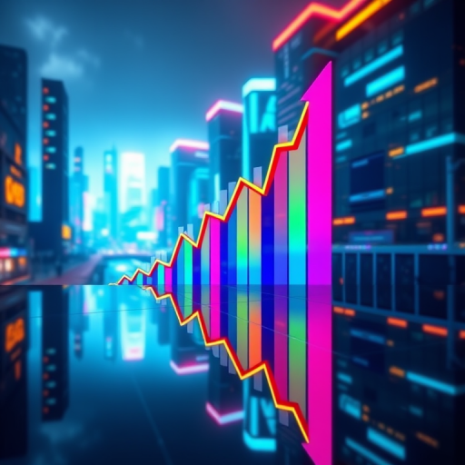 Create a high-resolution digital artwork of a colorful financial graph with upward trends and vibrant colors in a futuristic city background, captured with a Canon EOS R5, 24mm f/1.4 lens, f/8 aperture, ISO 200, 1/125 sec shutter speed, in a symmetrical view with dramatic lighting and reflections to enhance details and depth.