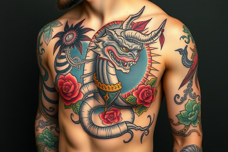 Neo-traditional tattoo named "Modern Mythology" combining classic tattoo imagery with contemporary styling bold lines and a expanded color palette