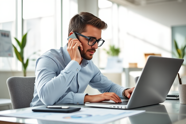 A professional young man talking on the phone while working on a laptop in a bright, modern office with charts and graphs on the table, natural light streaming in from a window, 50mm lens, f/1.8, ISO 200, 1/100s, captured with a DSLR camera.