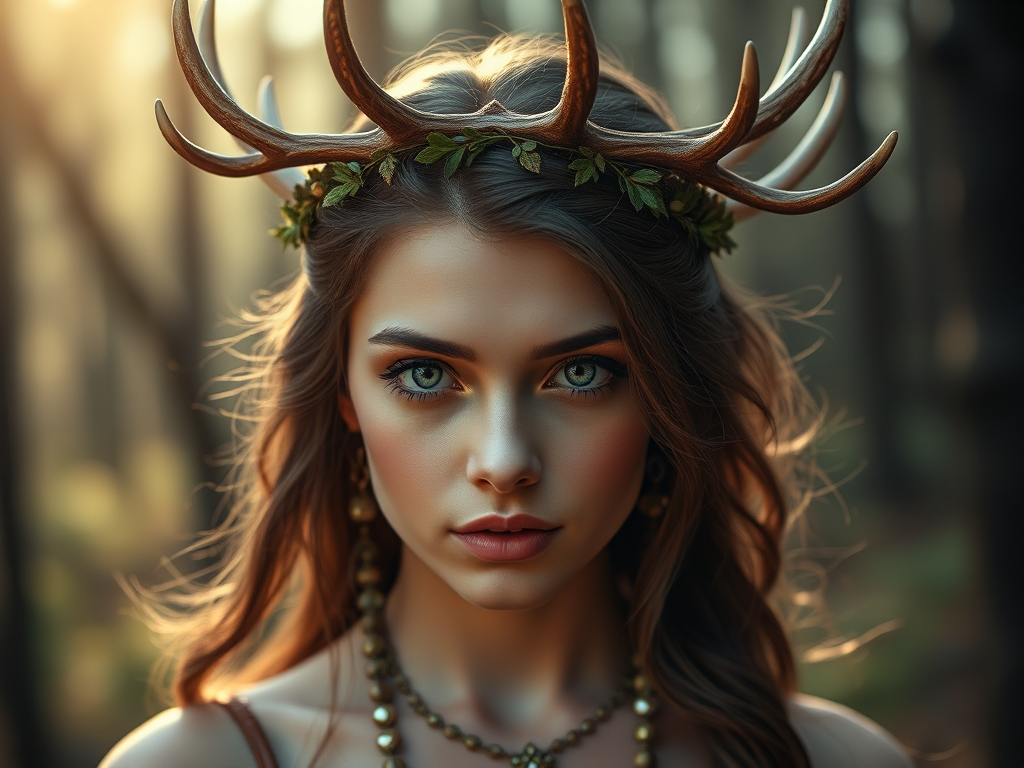 Create a high-resolution portrait of a young woman with enchanting features, wearing a crown of antlers and adorned with nature-inspired jewelry, set in a mystical forest background with soft, diffused lighting, shot with a Canon EOS R5 using a 50mm f/1.2 lens at ISO 100, aperture f/2.0, and a slight vignette effect for depth.
