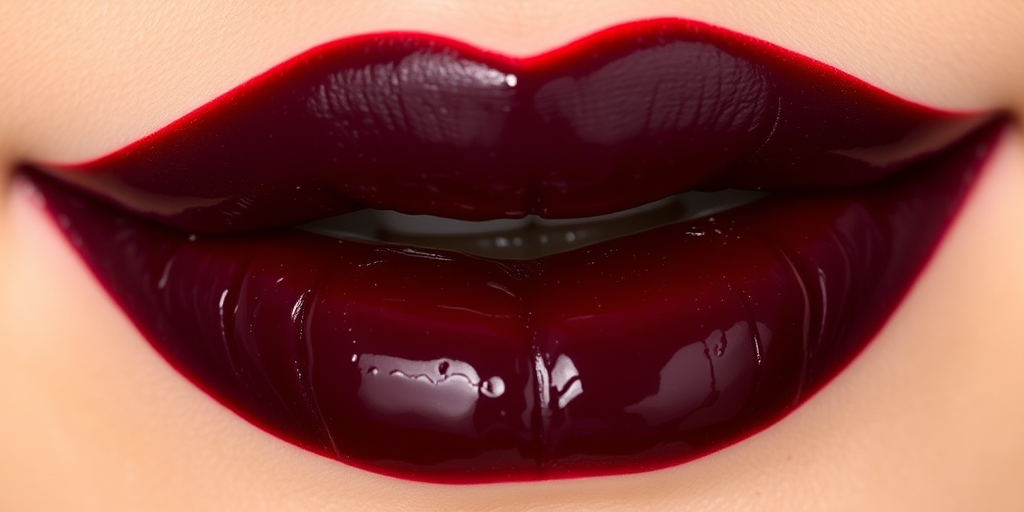 Glossy black cherry lips with a juicy finish, dubbed "Midnight Berry," feature a deep, rich color and a hydrating formula for comfortable wear