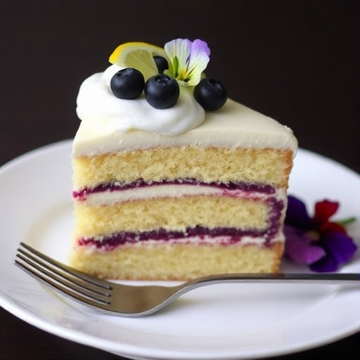 A slice of layered cake with fluffy frosting blueberries and edible flowers on top served on a white plate with a fork beside it. The cake has three visible layers with a light yellow sponge and a purple filling. The top is decorated with a dollop of cream a slice of lemon and fresh blueberries.