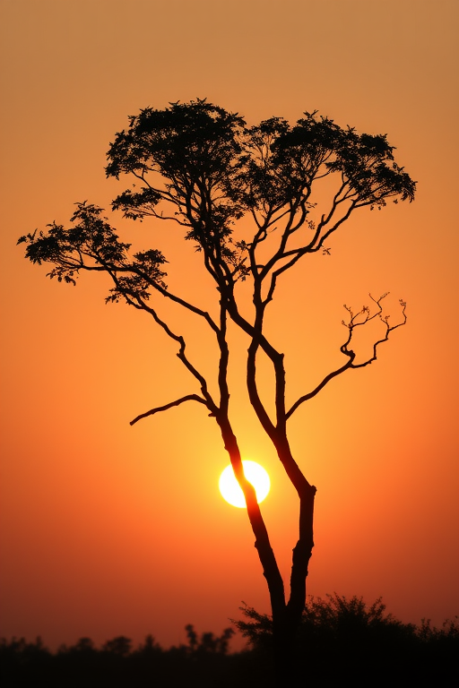Generate a high-quality image of a silhouette of a tree against a sunset background with a warm color gradient using a DSLR camera, ISO 100, aperture f/8, shutter speed 1/200s, landscape view, and natural lighting.