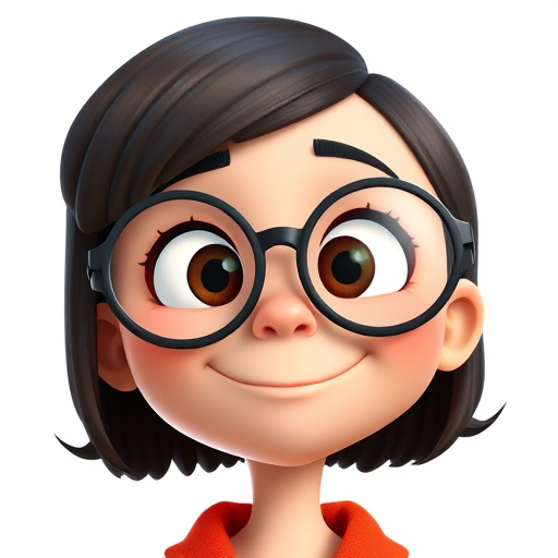 Create an animated character with a close-up view showing large round glasses a short bob haircut a slightly tilted head and a confident expression emphasize the character's exaggerated facial features and playful demeanor against a simple white background