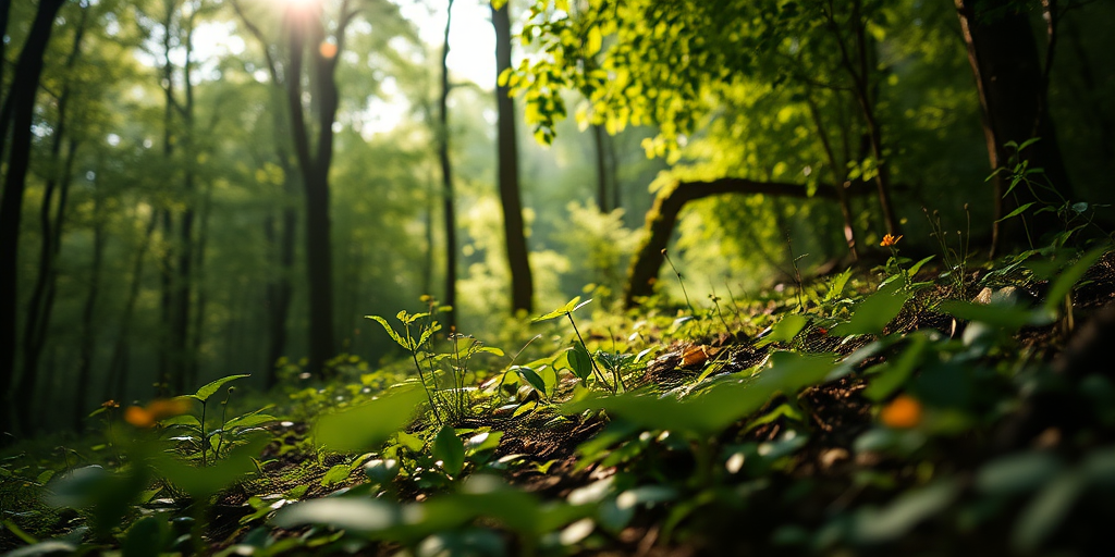 Generate a lush green forest scene bathed in soft, ethereal light with glowing particles, using a Canon EOS R5 camera, f/2.8 aperture, ISO 100, 24mm lens, shot from a low angle perspective to capture the undergrowth and maximize depth of field.
